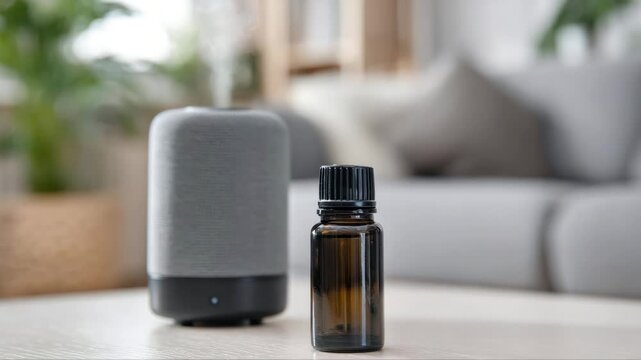 Aromatherapy diffuser and essential oil bottle on wooden table, showcasing calming ambiance, camera zooms in gradually to highlight details and textures