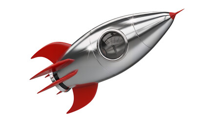 Detailed 3D render of a futuristic silver rocket with sleek red fins, symbolizing startup launch, innovation, and rapid progress, isolated on transparent background