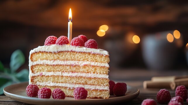 Celebratory cake slice with a single candle and fresh raspberries