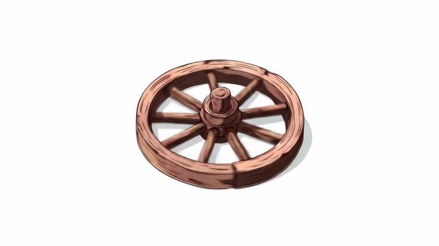 A broken wooden wagon wheel with visible cracks and rustic texture, in a hand-drawn style, isolated on white background, symbolizing age or history