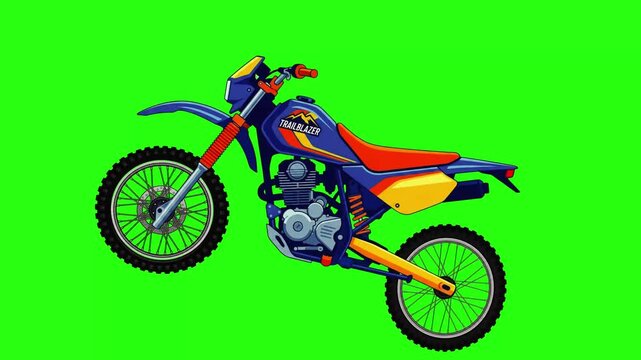 Blue motocross dirt bike performing a wheelie animation. Extreme sports motorcycle isolated on green screen for chroma key editing and racing concepts
