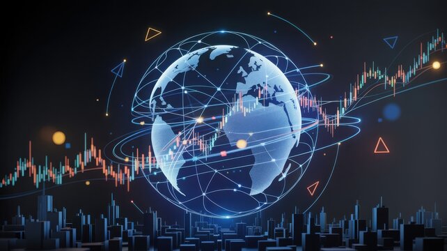 Global economy, business data, and financial trends. The globe is at the center of the frame and data flowing around - Powered by Adobe