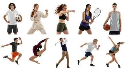 Diverse athletes showcasing various sports and disciplines in dynamic poses against a plain