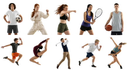 Diverse athletes showcasing various sports and disciplines in dynamic poses against a plain