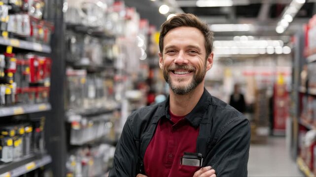 Smiling man with beard stands confidently in a hardware store aisle, showcasing tools and supplies, while the camera performs a smooth pan across the vibrant display