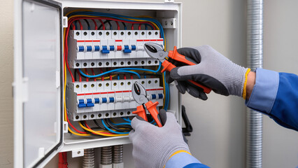 hands of electrician working on main fuse box 