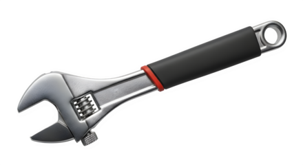 Adjustable wrench with black and red handle, isolated on transparent background