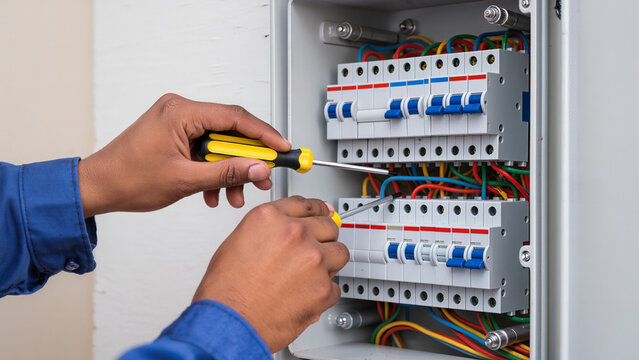 electrician at work, Electrician works panel, Tightening the screw, Handling electrical parts, Work is organized, Typical industrial work