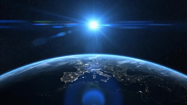 Stunning View of Earth from Space with Bright Sun Flare.