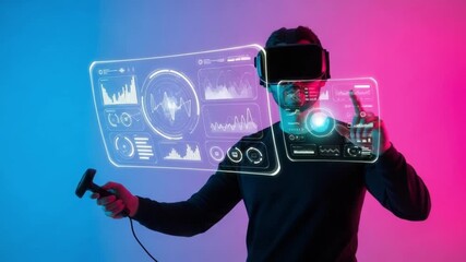 Man wearing vr headset and interacting with virtual interface screens in colorful background