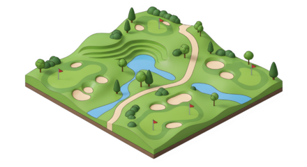 Isometric view of a detailed golf course landscape with greens, sand traps, water hazards, and paths isolated on transparent background