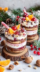 a festive, christmas-themed mini layered dessert in glass containers with cherry and chocolate pieces 