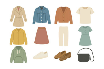 Minimalist flat design autumn fashion collection with casual outfits and accessories