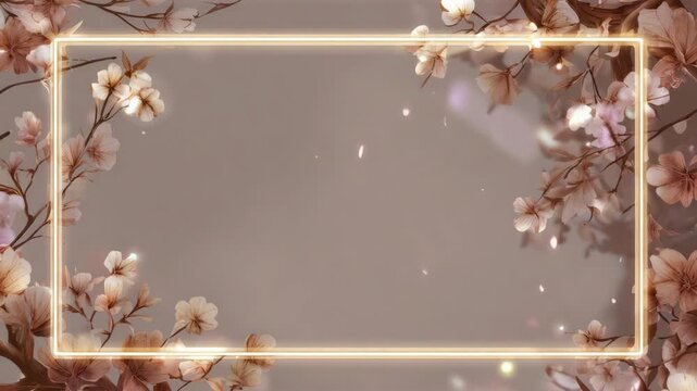 Delicate cherry blossom flowers frame a blank soft brown background with glowing border, perfect for invitations, announcements, or greetings