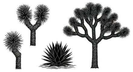 Stylized illustration of Joshua Trees and desert plants in black and white.