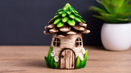 a cute little fairy house made of pinecones 