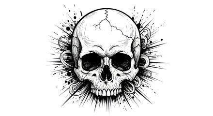 Fototapeta premium Cracked human skull with swirling abstract elements and ink splatter