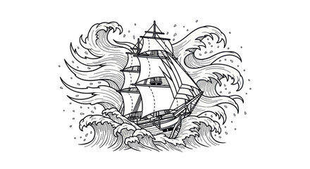 Vintage sailing ship navigates through stormy ocean waves.