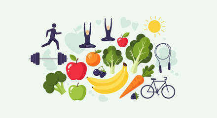 A cartoon image shows a healthy lifestyle with exercise and fresh food.