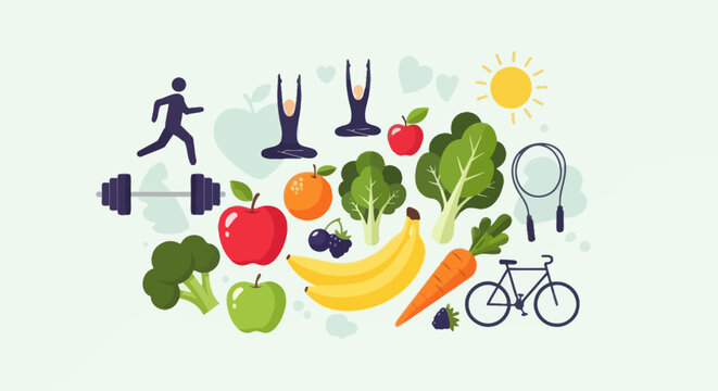 A cartoon image shows a healthy lifestyle with exercise and fresh food.