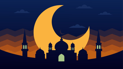 A large crescent moon rises behind a beautiful mosque silhouette at night during ramadan or eid celebration