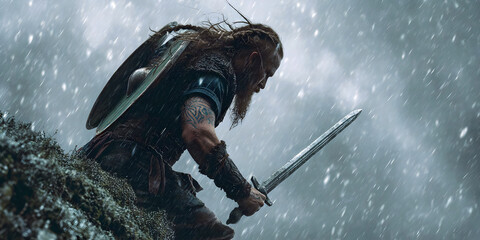 Obraz premium Stormbound Warrior on the Hilltop, ai generated.