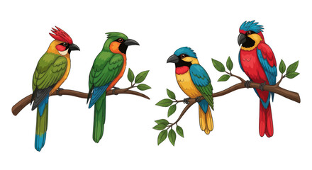 Four colorful exotic parrots perched on branches against a white background.