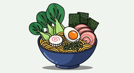 A delicious bowl of ramen with egg, meat, and vegetables.