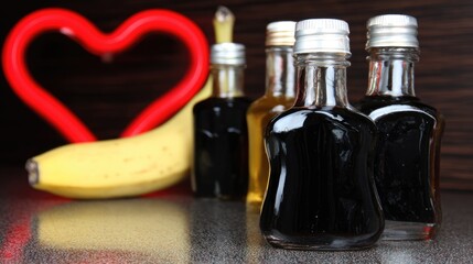 a dark, candlelit table with an exotic fruit in the foreground and black glass bottles 