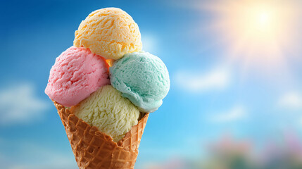 Colorful Ice Ceam in Waffle Cone Against Sunny Blue Sky