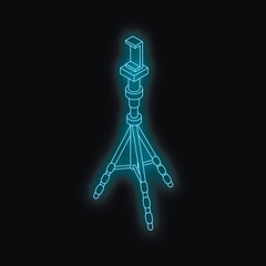 Neon blue smartphone tripod with phone holder glowing on black background, isometric view