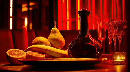 a dark glass bottle of black honey sits next to an open grapefruit and banana