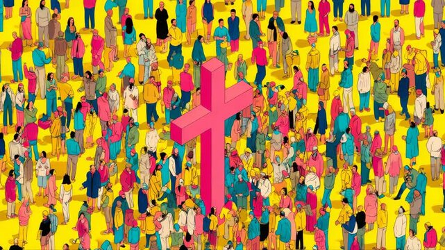 Vibrant crowd scene with a prominent pink cross, showcasing diverse individuals in colorful attire, camera zooms in to capture the dynamic atmosphere and interactions