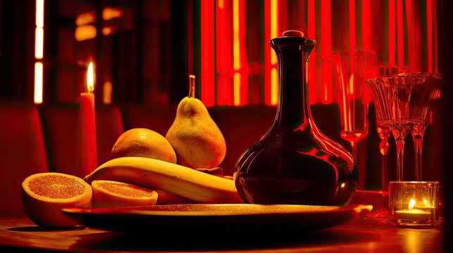 a dark glass bottle of black honey sits next to an open grapefruit and banana