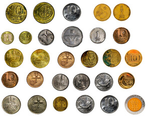 A collection of Israeli coins isolated on a white background
New Shekel and Israeli Lira
