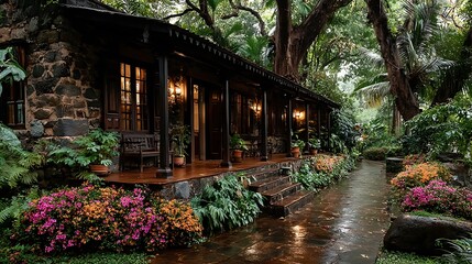 Charming wooden villa with blooming flowers high resolution picture