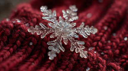 Detailed macro shot of a snowflake landing on a red mitten, photorealistic textures, subtle reflections, soft winter lighting, crisp close-up composition