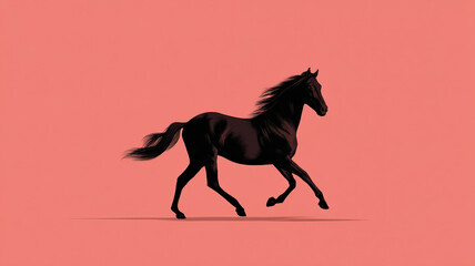 Minimalist dark silhouette of a galloping horse against a soft pastel pink background, symbolizing freedom and speed.