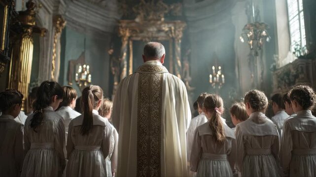 Priest in ornate vestments stands before a group of children in white garments, illuminated by soft light, creating a serene atmosphere of reverence and anticipation in a sacred space