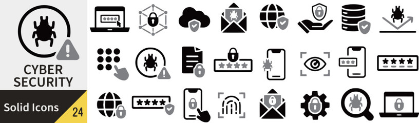 Cyber security solid icons collection for business website application company password lock key data secure network safety