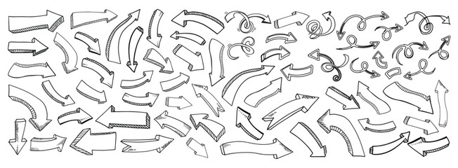 Hand Drawn Arrow Set, Doodle Sketch Arrows Collection, Curved Direction Arrows, Swirl Arrow Icons, Black and White Vector Illustration
