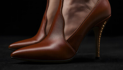 Elegant brown leather high heels with unique golden textured stiletto heels, showcasing sophisticated footwear design against a dark, minimalist background perfect for fashion