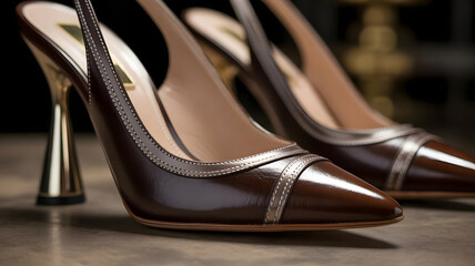 Elegant dark brown leather slingback high heels with gold accents positioned on a polished wooden surface exuding sophistication and classic style for women