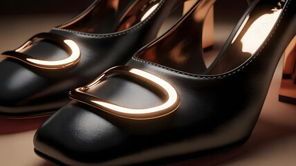 Pair of luxurious black leather high heels with elegant golden buckle detail and sleek square toes, perfectly illuminated against a warm, soft-focus background highlighting refined craftsmanship