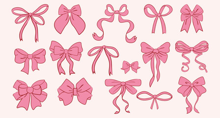 Vector set of cute pink  hand drawn bows in coquette style. Trendy bows, gift ribbons, elements for packaging  design, scrapbooking, greeting cards, feminine branding. Hand-drawn stickers set isolated © m_matvi