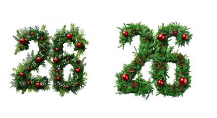 Festive christmas numbers twenty five and twenty six beautifully crafted from evergreen branches and red ornaments on transparent background