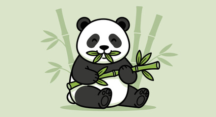 Cute panda eating bamboo in a cartoon forest