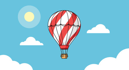 A vibrant hot air balloon floats in a clear blue sky with fluffy clouds.