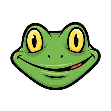 Happy cartoon frog face with big yellow eyes and a wide smile.
