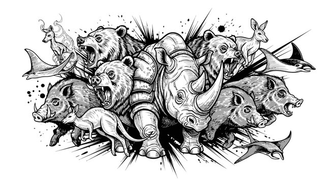 Collage of roaring wild animals including a rhinoceros, bears, boars, kangaroos, and fish.